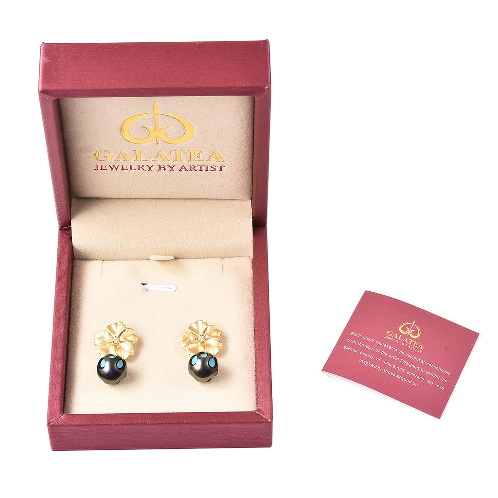 GALATEA - The Symbol of Love - Premium Tahitian Pearl and Natural Zircon Floral Earrings in Yellow Gold Plated Sterling Silver