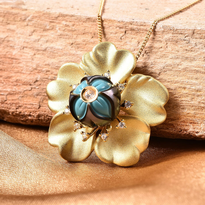 Galatea Pearl Tahitani Pearl and Zircon Floral Necklace in Yellow Gold Plated Sterling Silver 3728163 1