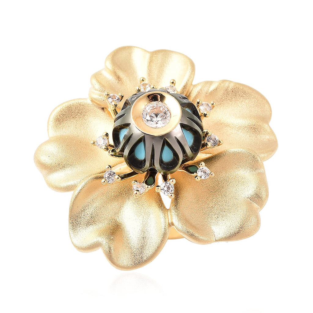 Galatea Pearl - Tahiti Pearl and Natural Zircon Flower Design Carved Ring in 18K Yellow Gold Vermeil Plated Sterling Silver 4.35 Ct, Silver Wt 10.00 Gms