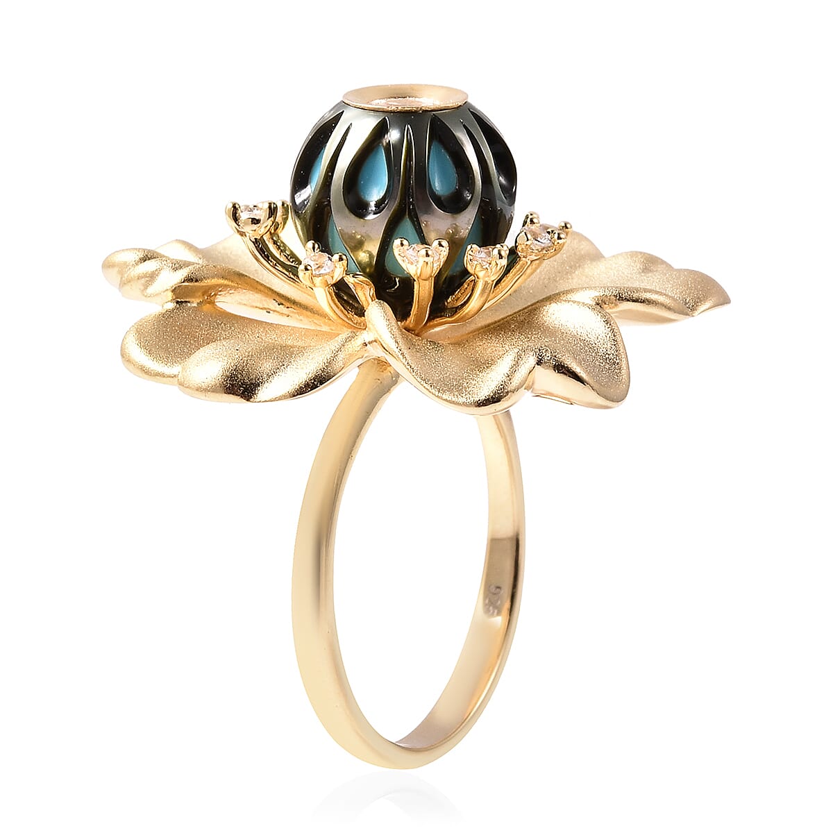 Galatea Pearl - Tahiti Pearl and Natural Zircon Flower Design Carved Ring in 18K Yellow Gold Vermeil Plated Sterling Silver 4.35 Ct, Silver Wt 10.00 Gms 3727938 4
