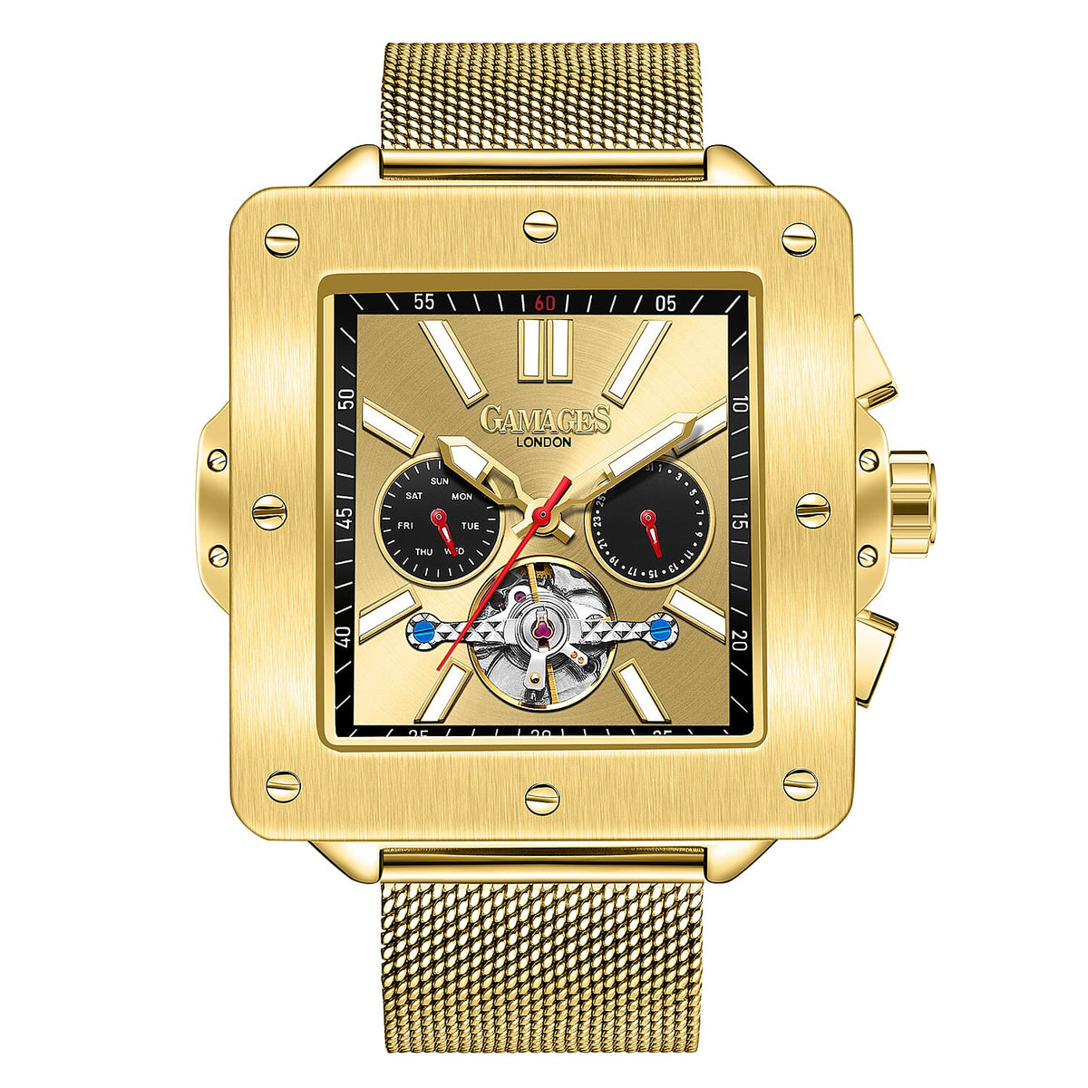 GAMAGES OF LONDON Hand Assembled Astute Automatic Movement Gold Dial Water Resistant Watch with Stainless Steel Milanese Bracelet 7265124 0