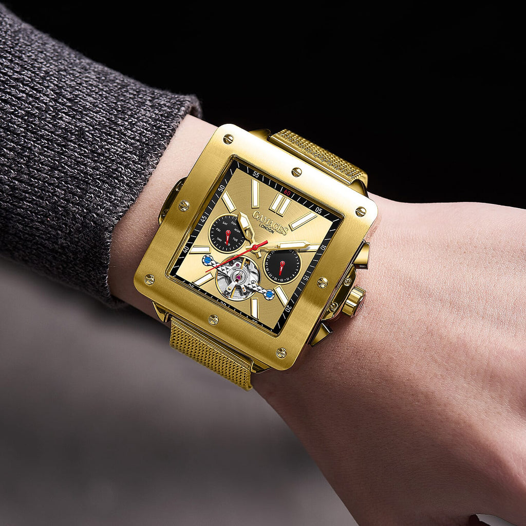 GAMAGES OF LONDON Hand Assembled Astute Automatic Movement Gold Dial Water Resistant Watch with Stainless Steel Milanese Bracelet