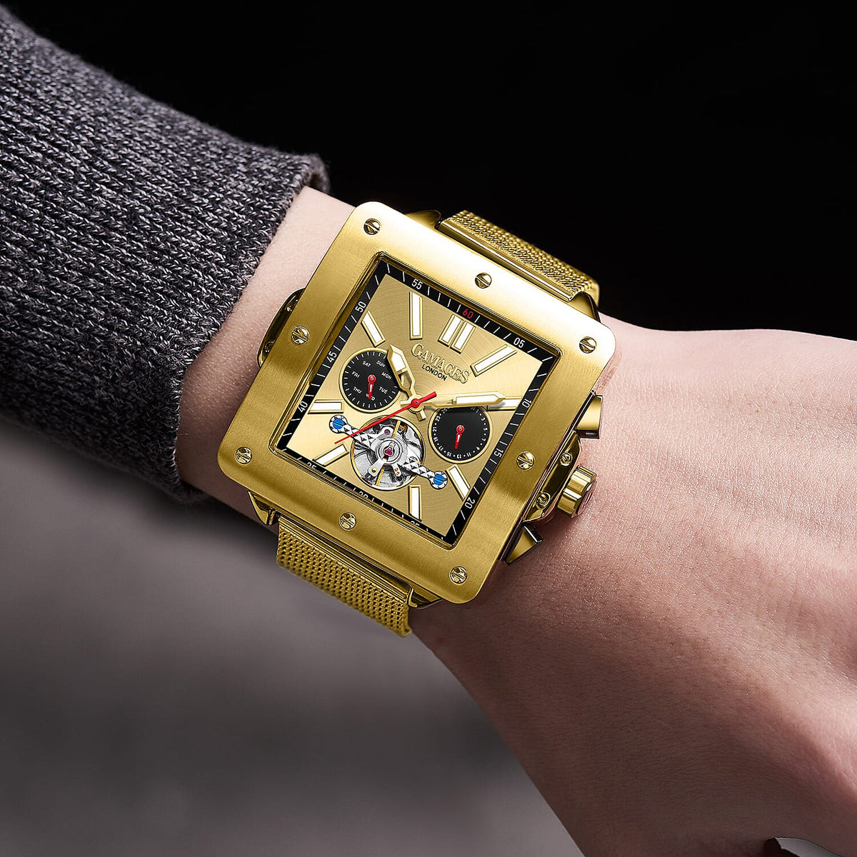 GAMAGES OF LONDON Hand Assembled Astute Automatic Movement Gold Dial Water Resistant Watch with Stainless Steel Milanese Bracelet 7265124 1