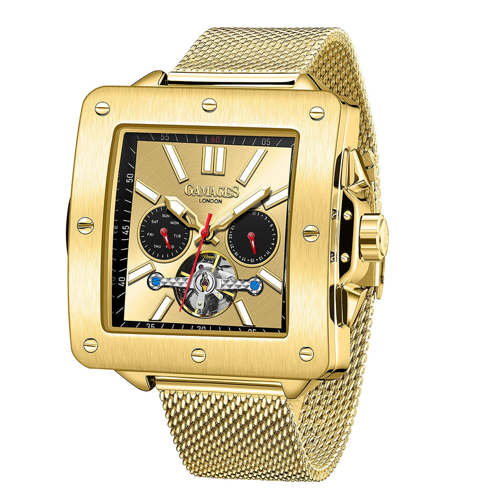 GAMAGES OF LONDON Hand Assembled Astute Automatic Movement Gold Dial Water Resistant Watch with Stainless Steel Milanese Bracelet