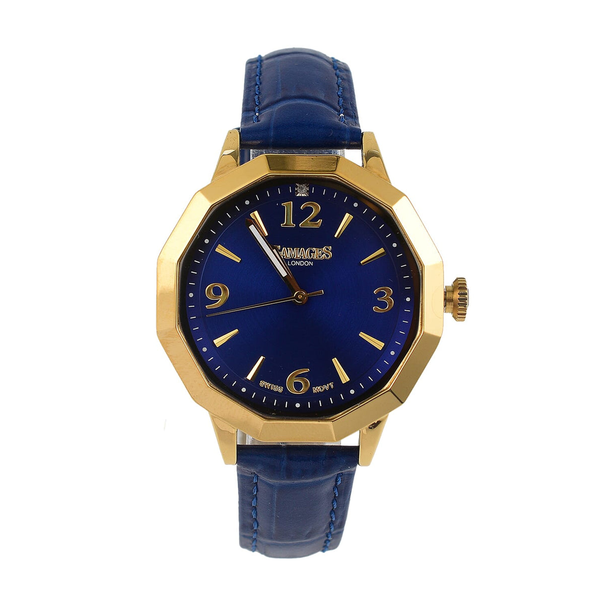Gamages of London Dame Diamond Swiss Quartz Movement Water Resistant Watch with Navy Blue Leather Strap in Gold Tone 7663858 0