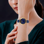 Gamages of London Dame Diamond Swiss Quartz Movement Water Resistant Watch with Navy Blue Leather Strap in Gold Tone