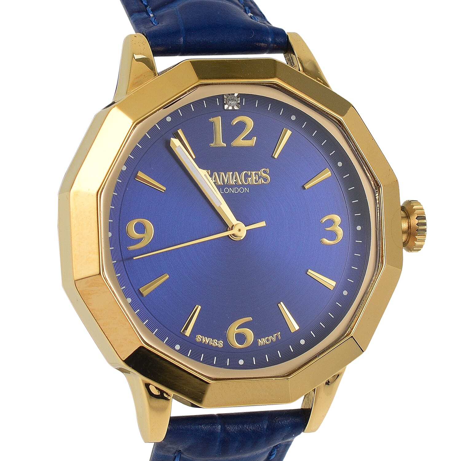Gamages of London Dame Diamond Swiss Quartz Movement Water Resistant Watch with Navy Blue Leather Strap in Gold Tone 7663858 2