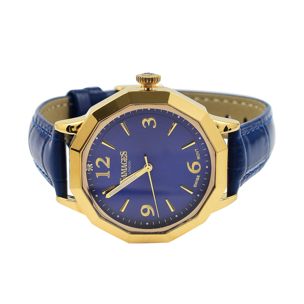 Gamages of London Dame Diamond Swiss Quartz Movement Water Resistant Watch with Navy Blue Leather Strap in Gold Tone