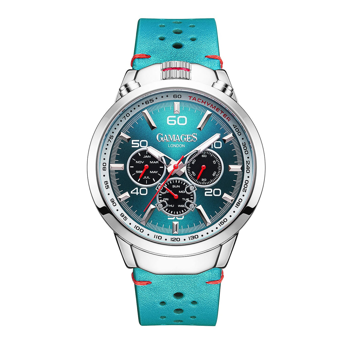 GAMAGES OF LONDON Hand Assembled The Countdown Automatic Movement Water Resistant Watch with Teal Leather Strap 7544836 0