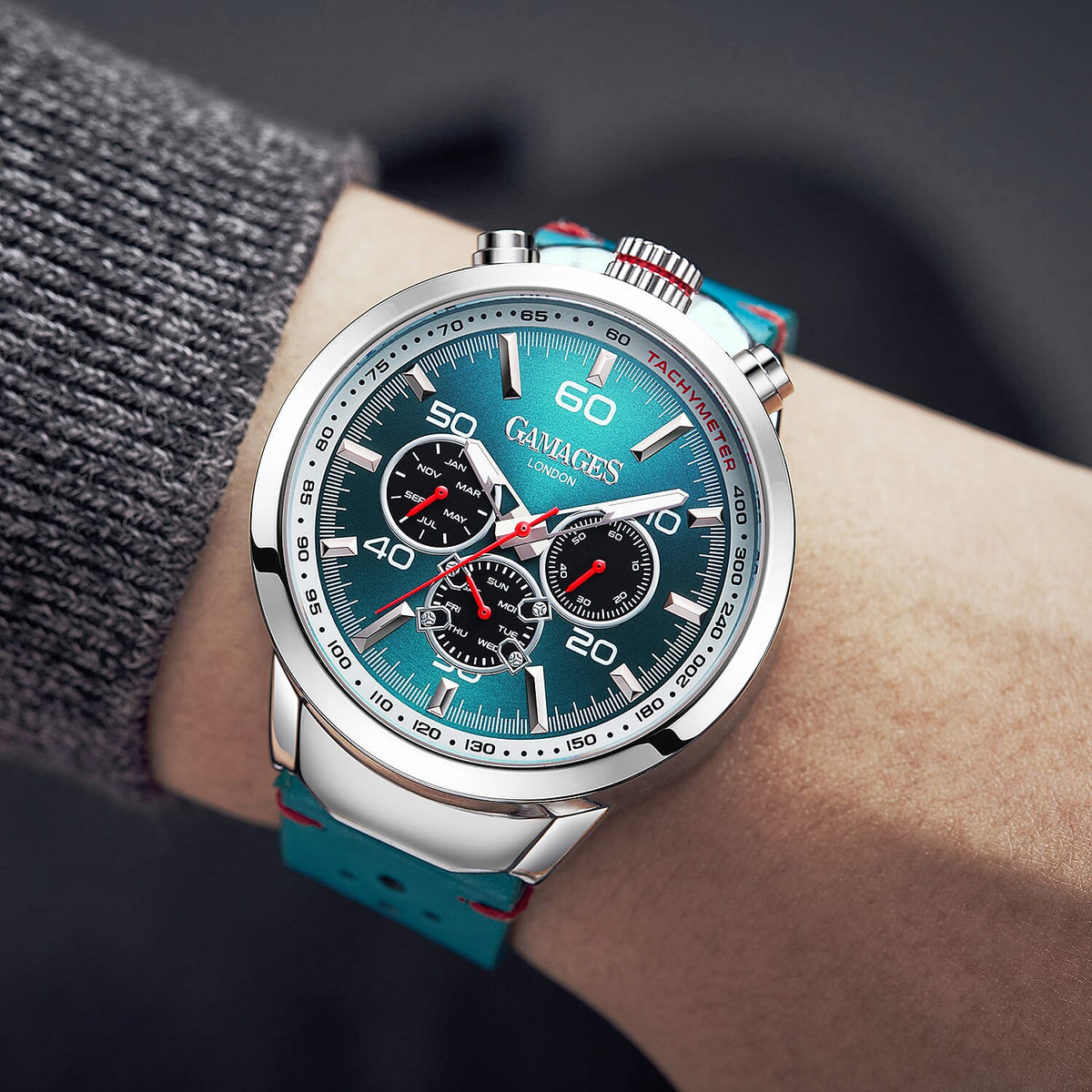 GAMAGES OF LONDON Hand Assembled The Countdown Automatic Movement Water Resistant Watch with Teal Leather Strap 7544836 4