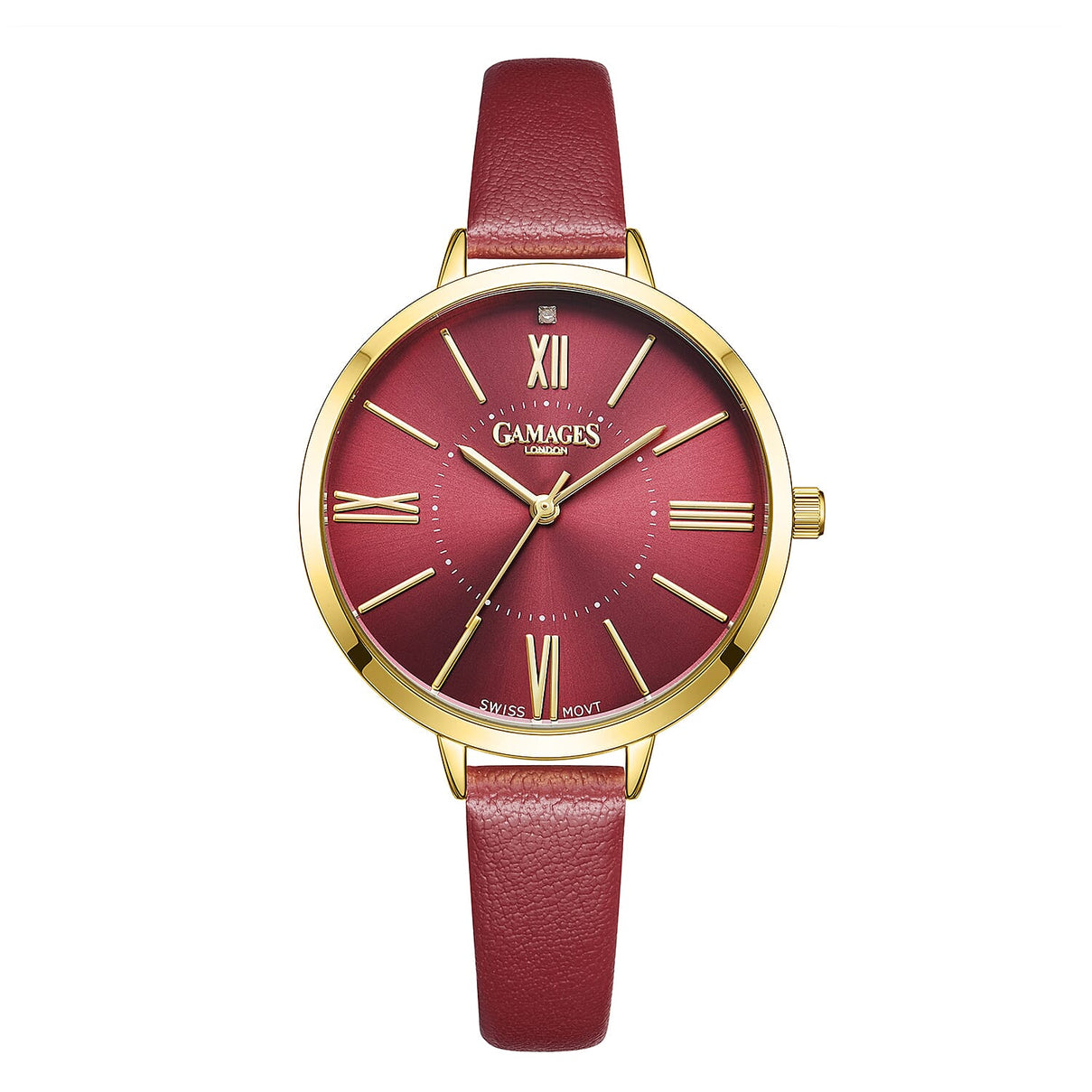 Gamages Of London Diamond Swiss Quartz Movement 3ATM Water Resistant Raspberry Dial Ladies Jubilant Watch in Stainless Steel - Red 7303151 0