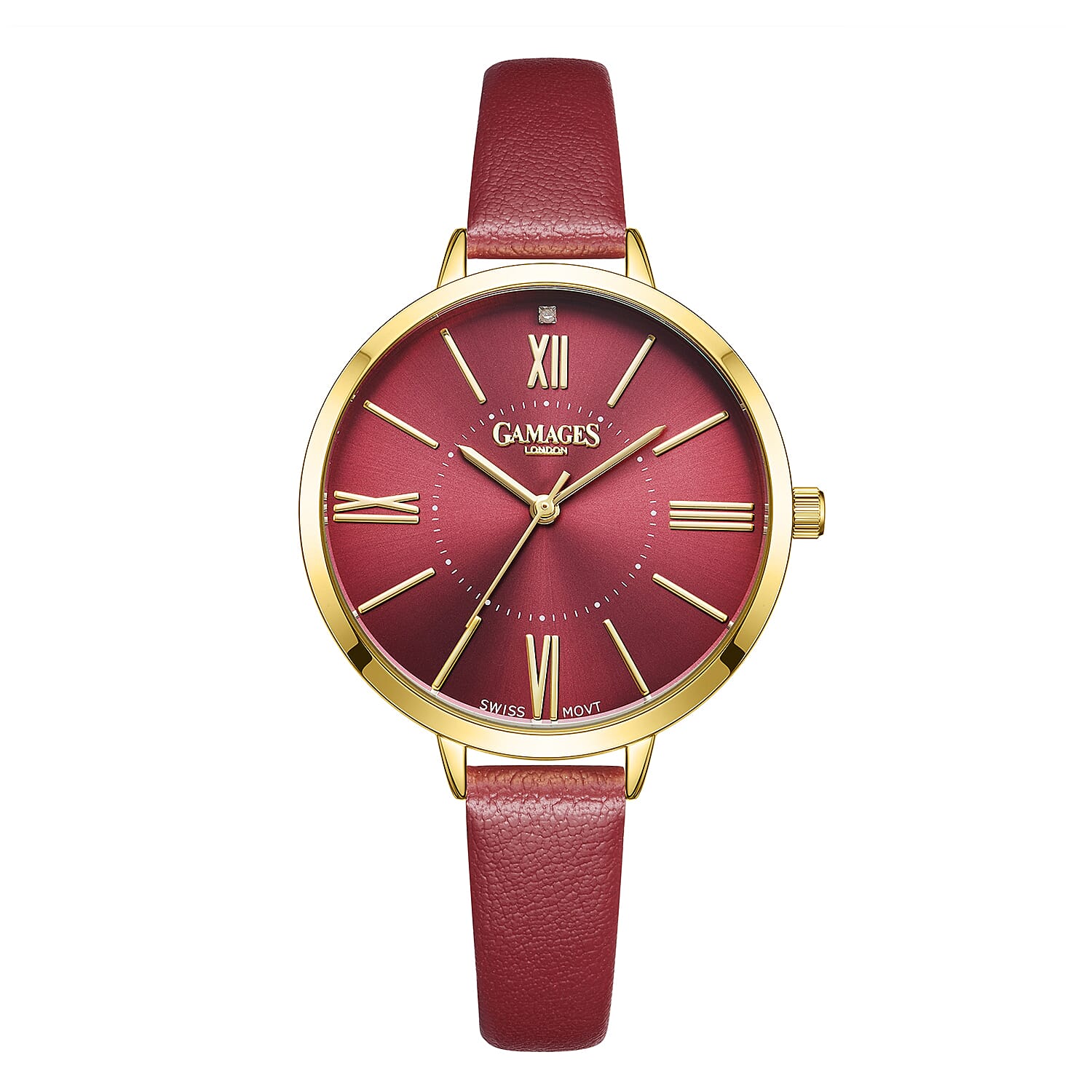 Gamages Of London Diamond Swiss Quartz Movement 3ATM Water Resistant Raspberry Dial Ladies Jubilant Watch in Stainless Steel - Red 7303151 0