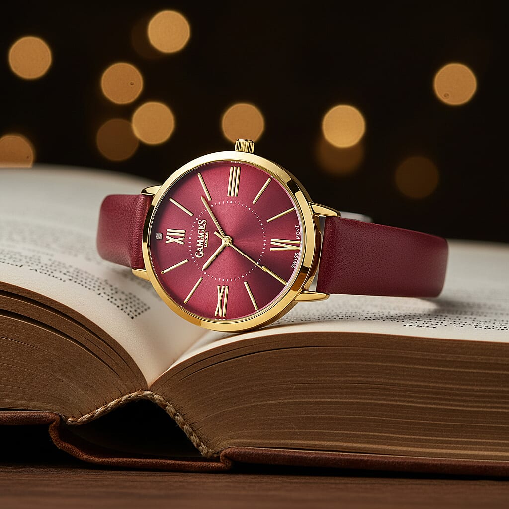 Gamages Of London Diamond Swiss Quartz Movement 3ATM Water Resistant Raspberry Dial Ladies Jubilant Watch in Stainless Steel - Red 7303151 1
