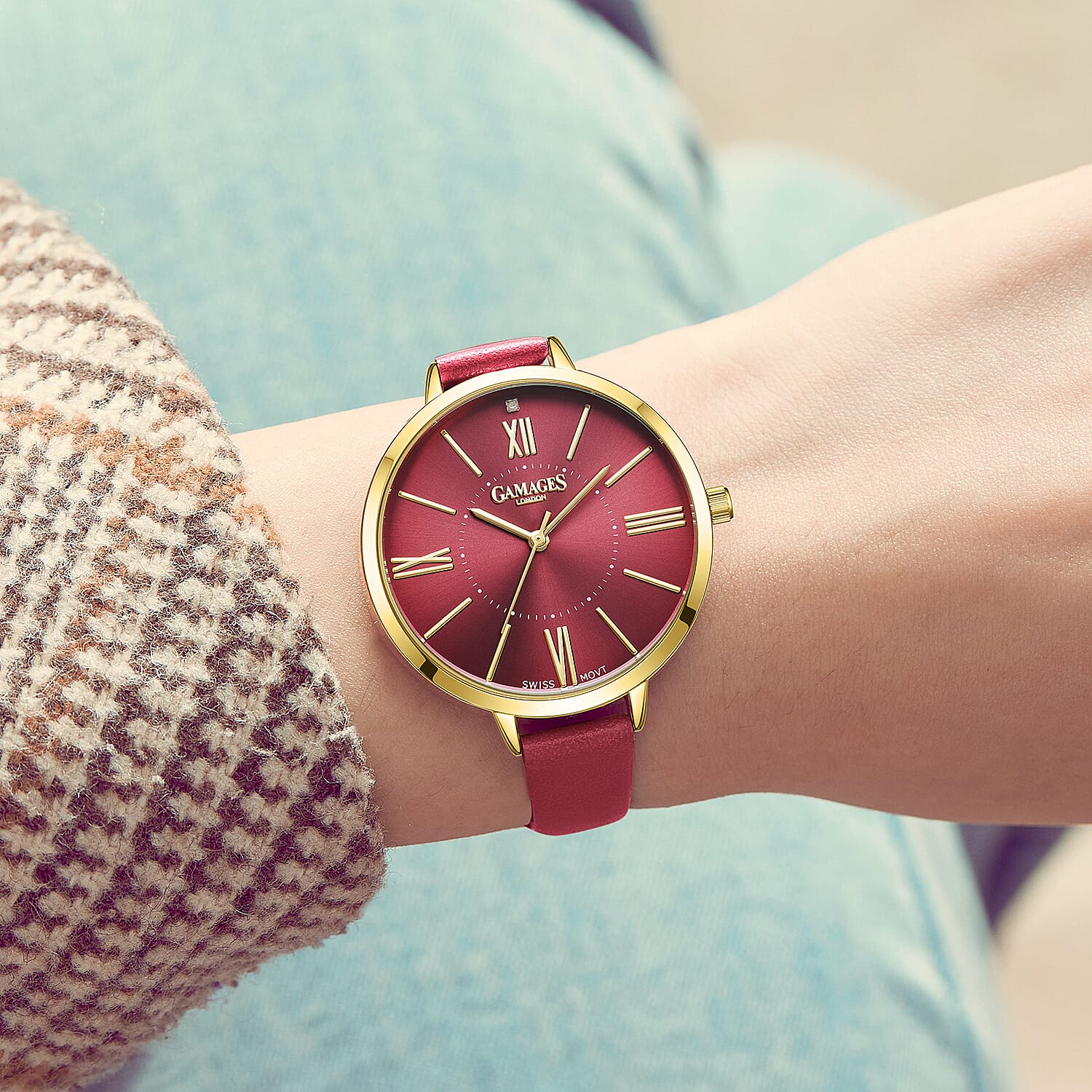 Gamages Of London Diamond Swiss Quartz Movement 3ATM Water Resistant Raspberry Dial Ladies Jubilant Watch in Stainless Steel - Red 7303151 2