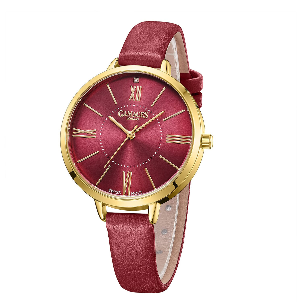 Gamages Of London Diamond Swiss Quartz Movement 3ATM Water Resistant Raspberry Dial Ladies Jubilant Watch in Stainless Steel - Red 7303151 3