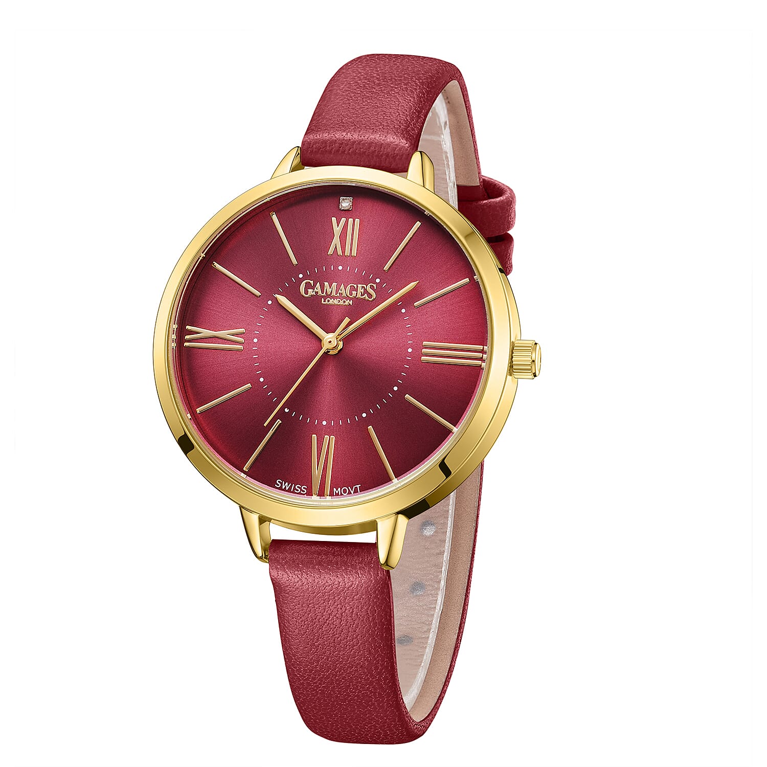 Gamages Of London Diamond Swiss Quartz Movement 3ATM Water Resistant Raspberry Dial Ladies Jubilant Watch in Stainless Steel - Red 7303151 3