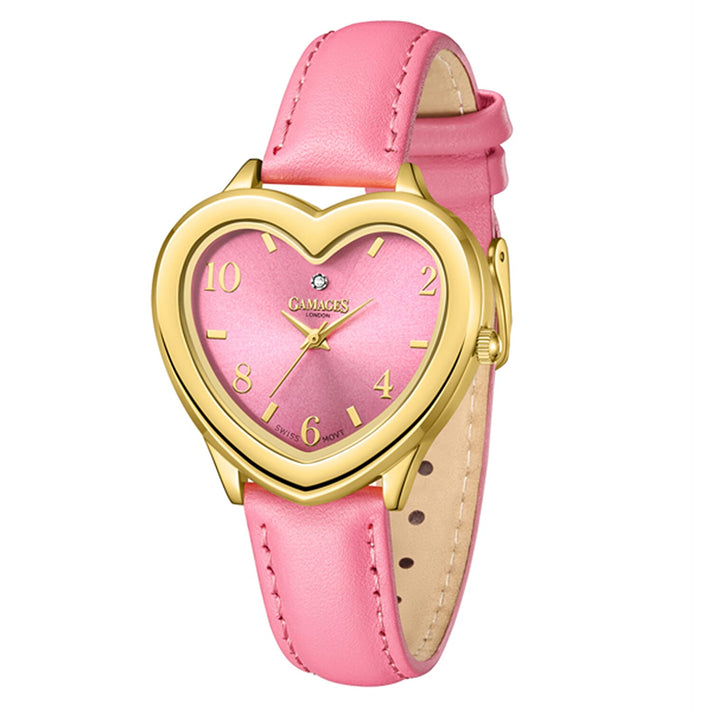 GAMAGES OF LONDON Endearing Diamond Swiss Quartz Movement 3ATM Water Resistant Gold and Pink Heart Dial Women's Watch with Pink Leather Strap 8196268 2