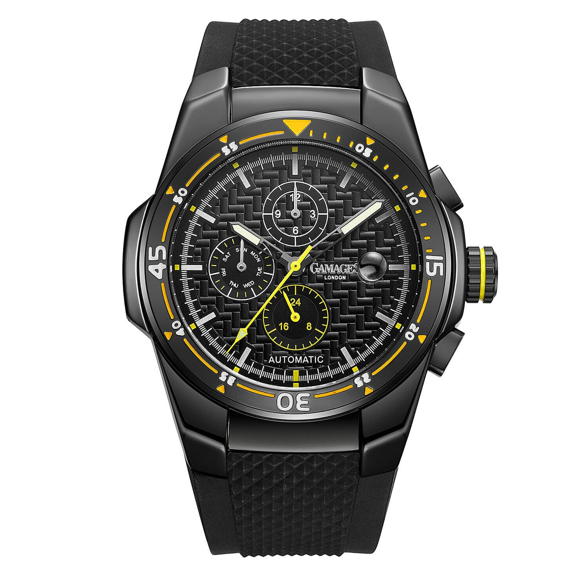 Gamages Of London Hand Assembled Automatic VIRTUO Mens Water Resistant Watch with Silicone Strap - Black and Yellow 7490486 0
