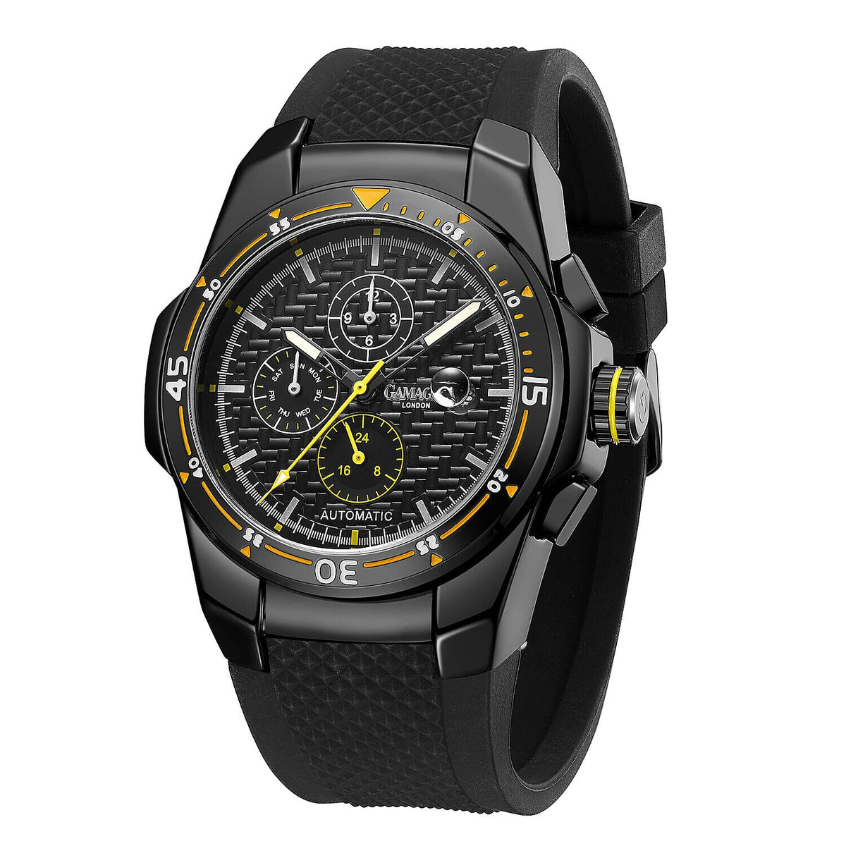 Gamages Of London Hand Assembled Automatic VIRTUO Mens Water Resistant Watch with Silicone Strap - Black and Yellow 7490486 2