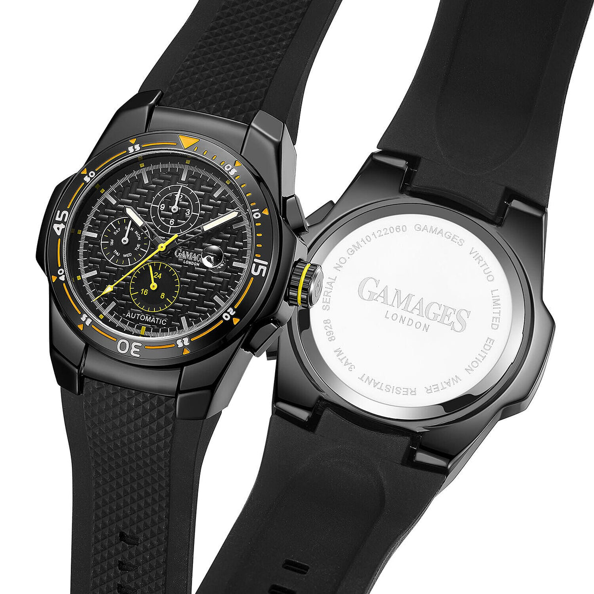Gamages Of London Hand Assembled Automatic VIRTUO Mens Water Resistant Watch with Silicone Strap - Black and Yellow 7490486 3