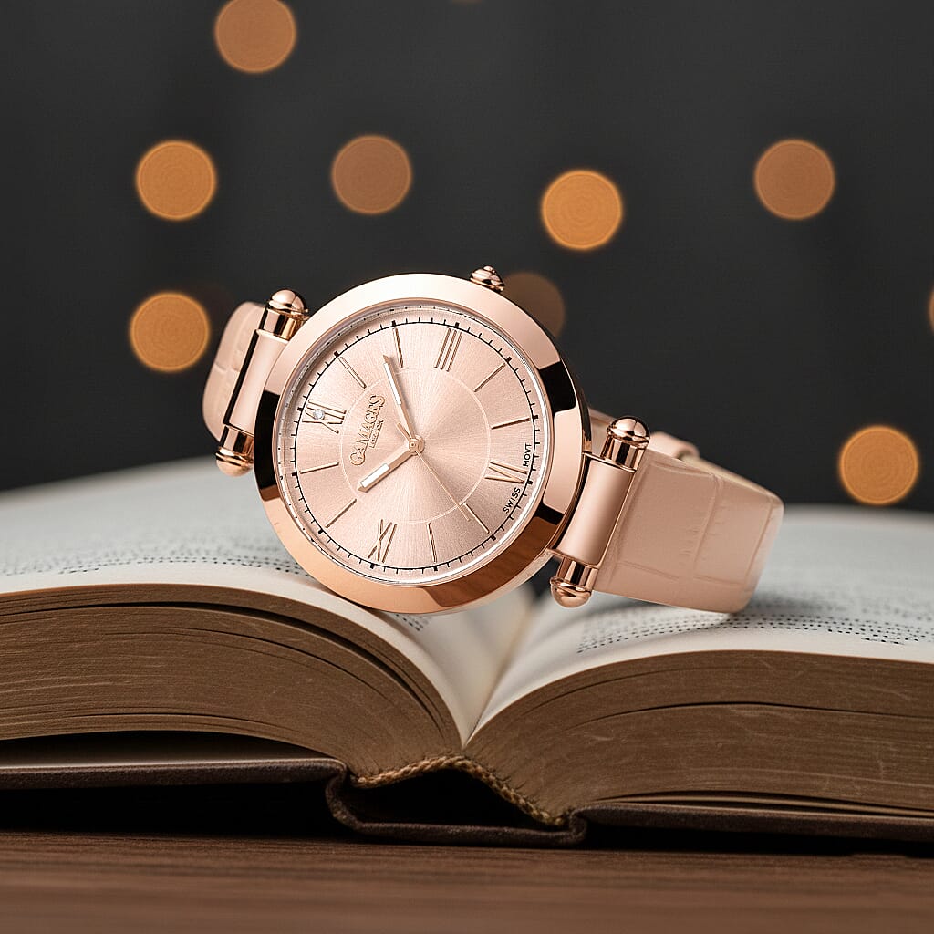 Gamages Of London Impearl Rose Pink Dial Ladies Diamond Watch with Embossed Leather Strap 7339376 1