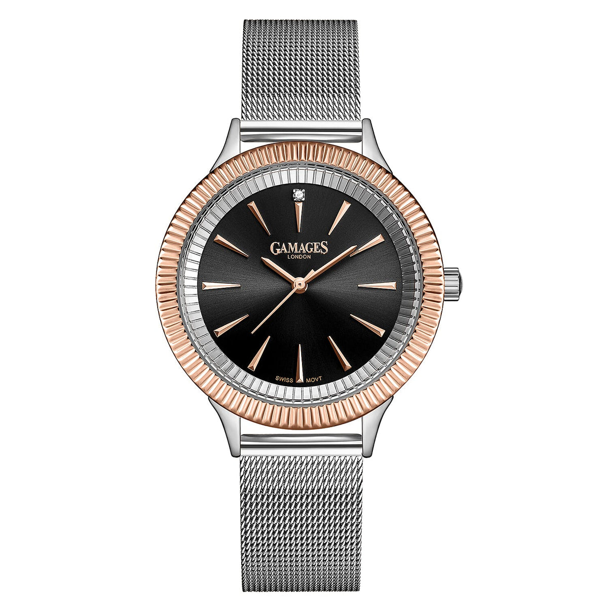 Gamages Of London Ladies Flute Diamond Swiss Movement 38mm Case Watch in Stainless Steel with Silver Mesh Strap 7164967 0