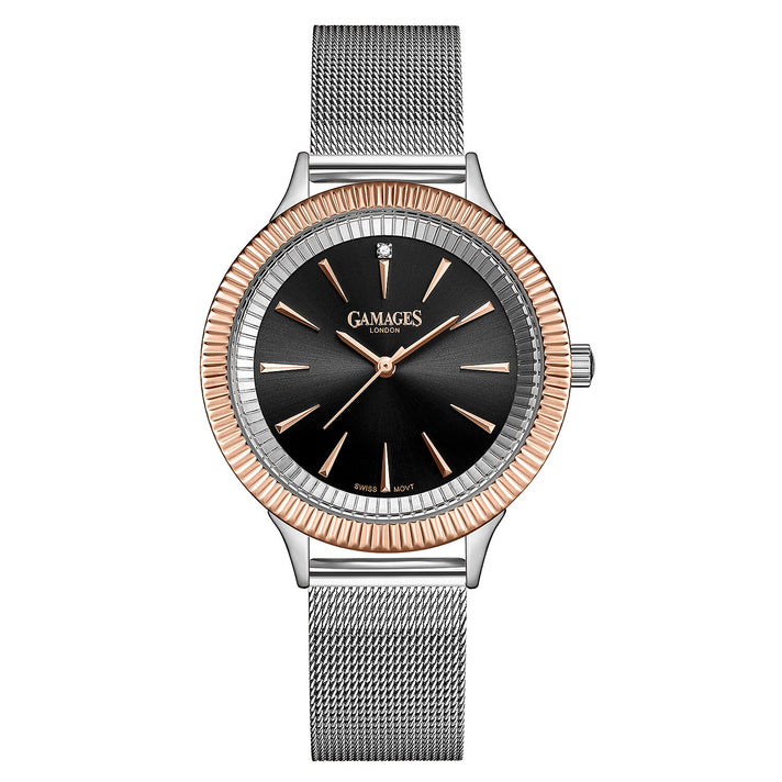 Gamages Of London Ladies Flute Diamond Swiss Movement 38mm Case Watch in Stainless Steel with Silver Mesh Strap 7164967 1