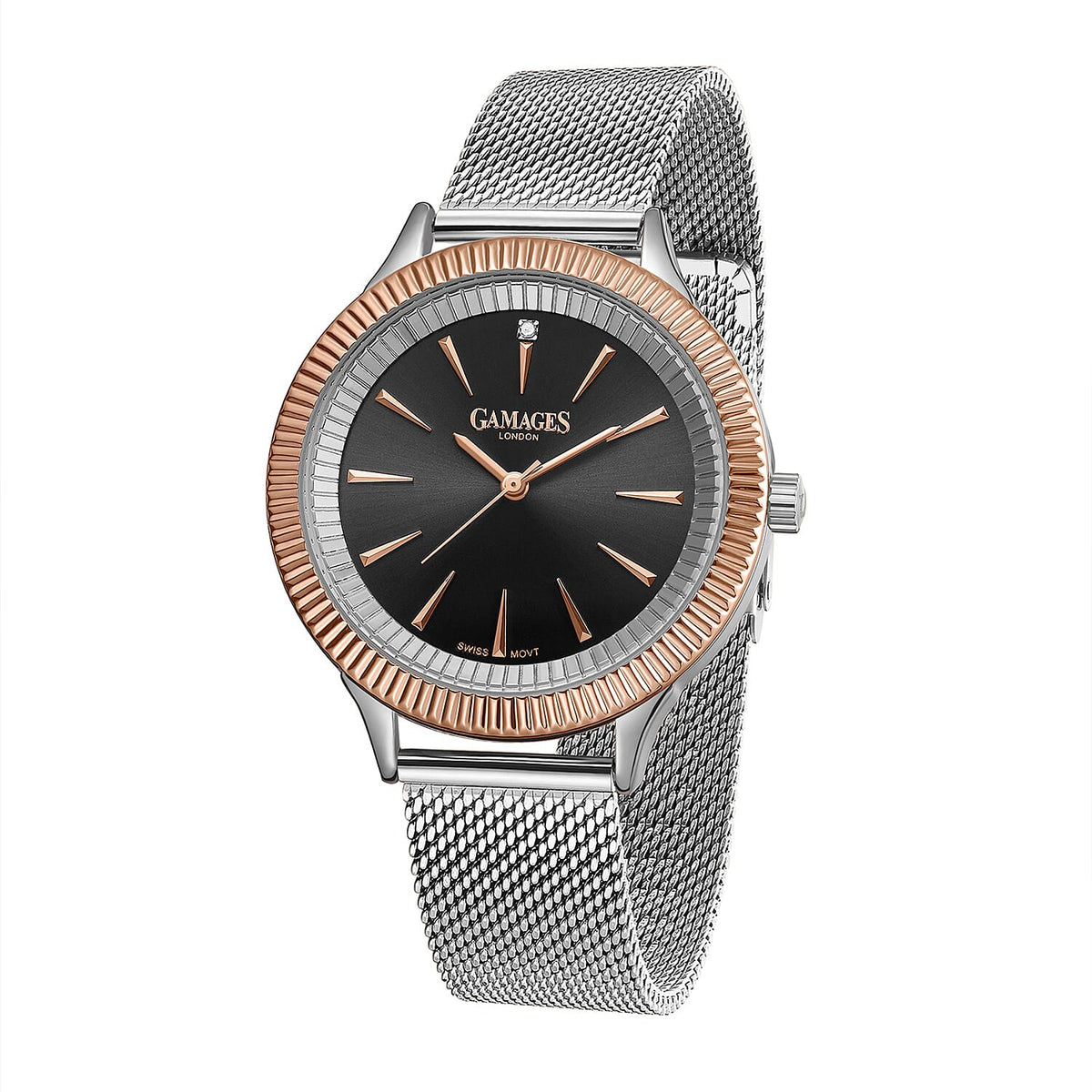 Gamages Of London Ladies Flute Diamond Swiss Movement 38mm Case Watch in Stainless Steel with Silver Mesh Strap 7164967 3