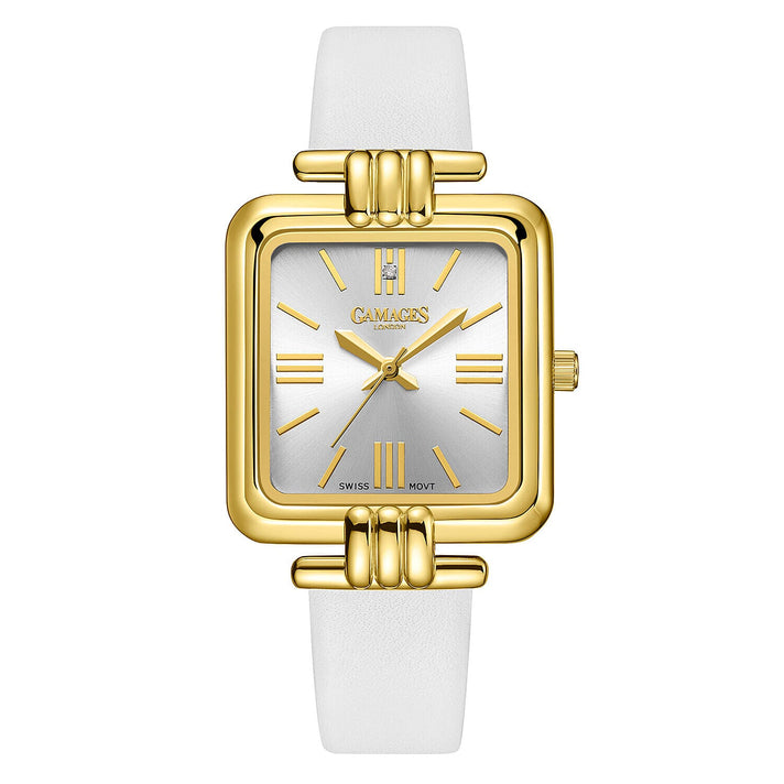 Gamages Of London Ladies Arctic Grey Dial Diamond Studded Swiss Movt. Water Resistant Watch with White Leather Strap 7364050 1