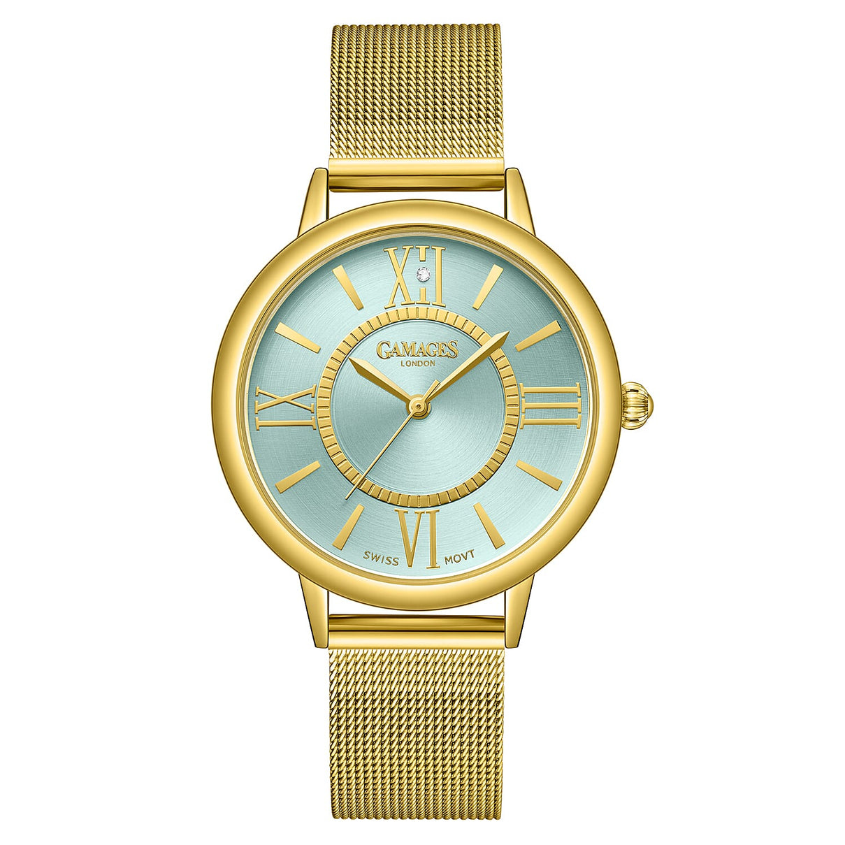 Gamages Of London Ladies Baroness Swiss Quartz Movement Teal Dial Diamond Stud Water Resistant Watch with Gold Mesh Bracelet 7548376 0