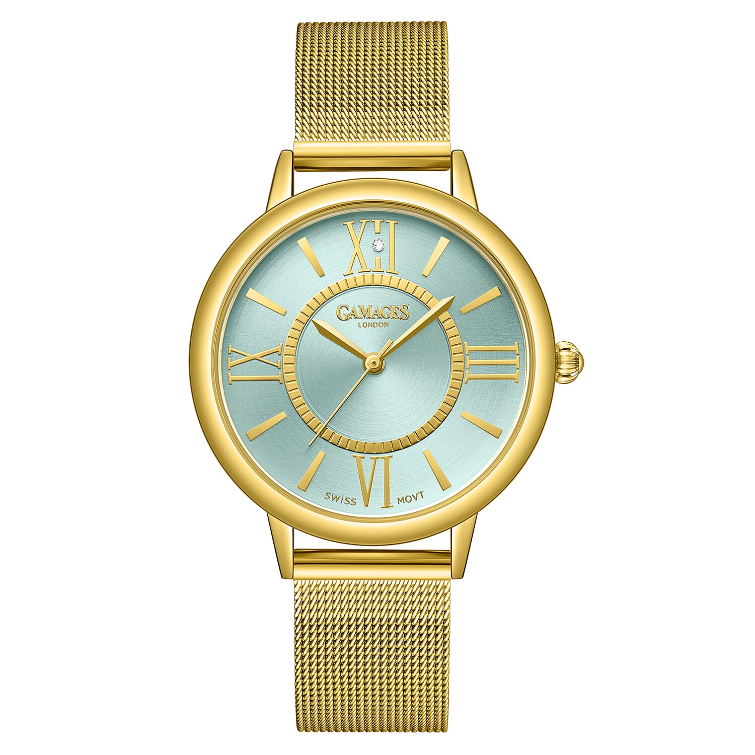 Gamages Of London Ladies Baroness Swiss Quartz Movement Teal Dial Diamond Stud Water Resistant Watch with Gold Mesh Bracelet 7548376 0