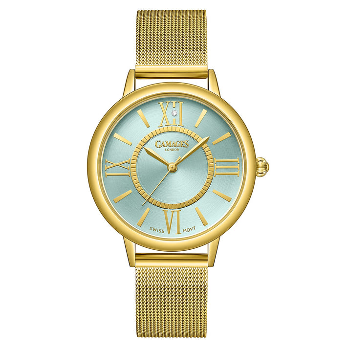Gamages Of London Ladies Baroness Swiss Quartz Movement Teal Dial Diamond Stud Water Resistant Watch with Gold Mesh Bracelet 7548376 1