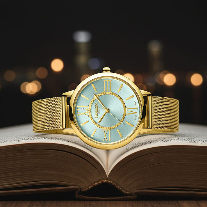 Gamages Of London Ladies Baroness Swiss Quartz Movement Teal Dial Diamond Stud Water Resistant Watch with Gold Mesh Bracelet 7548376 2