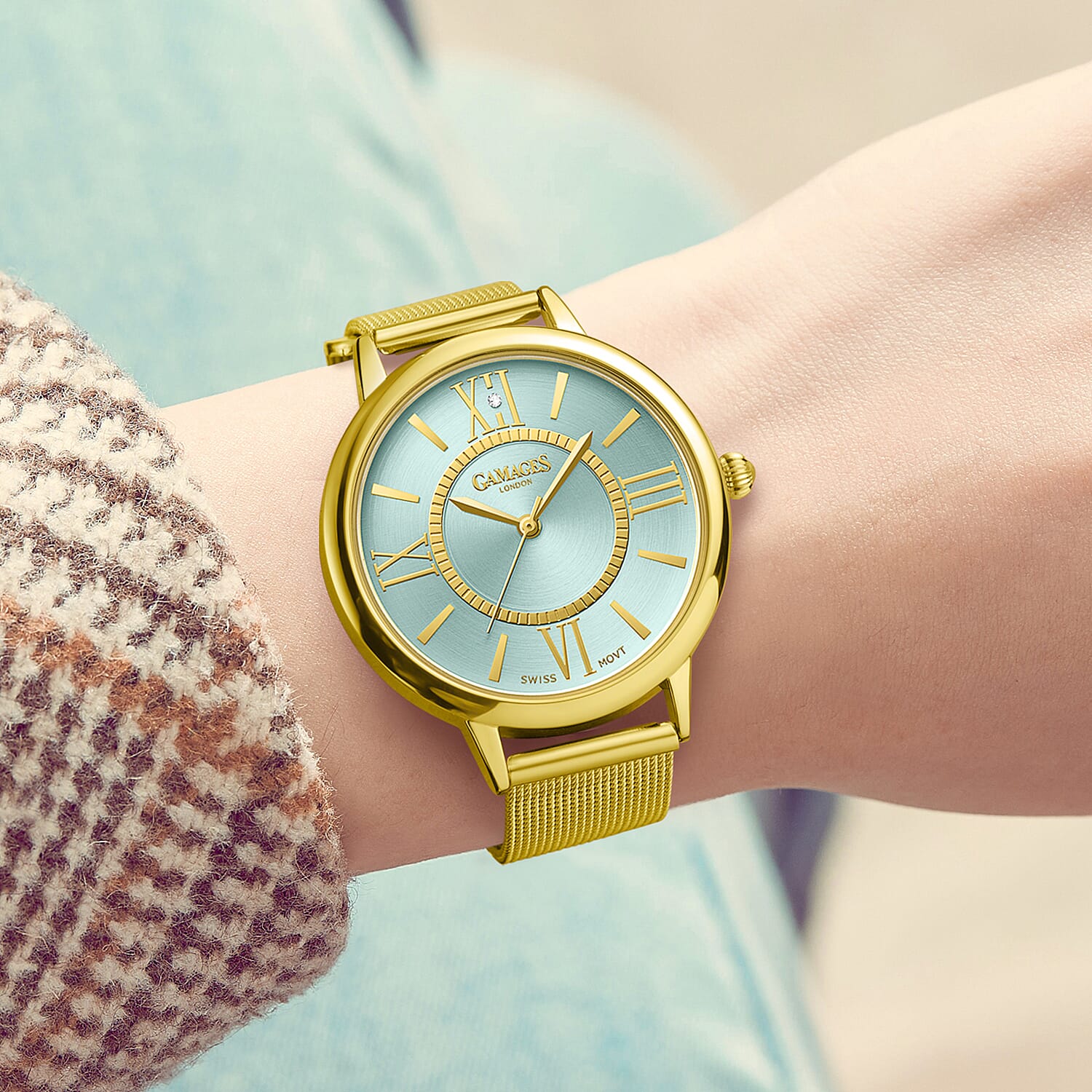 Gamages Of London Ladies Baroness Swiss Quartz Movement Teal Dial Diamond Stud Water Resistant Watch with Gold Mesh Bracelet 7548376 2