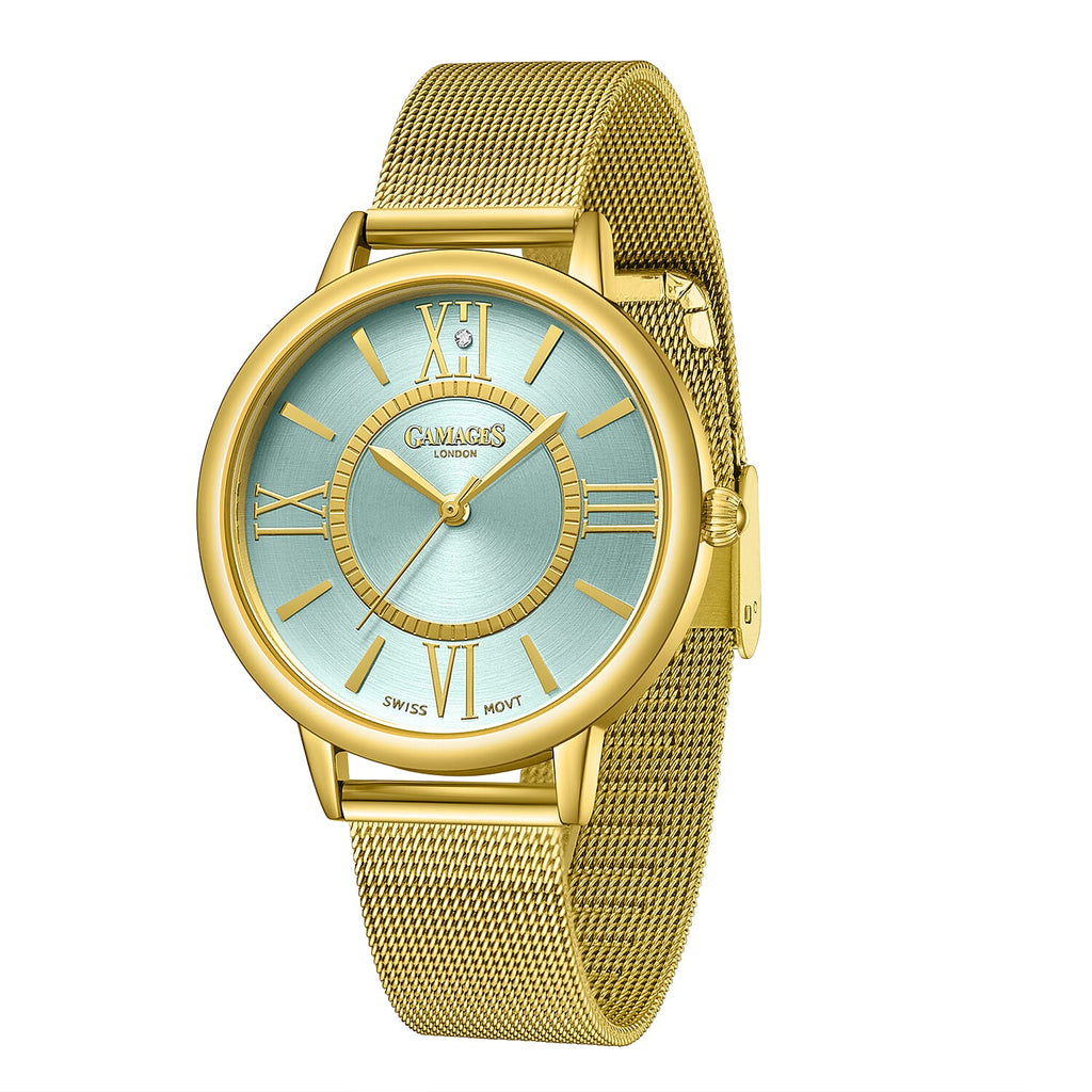 Gamages Of London Ladies Baroness Swiss Quartz Movement Teal Dial Diamond Stud Water Resistant Watch with Gold Mesh Bracelet