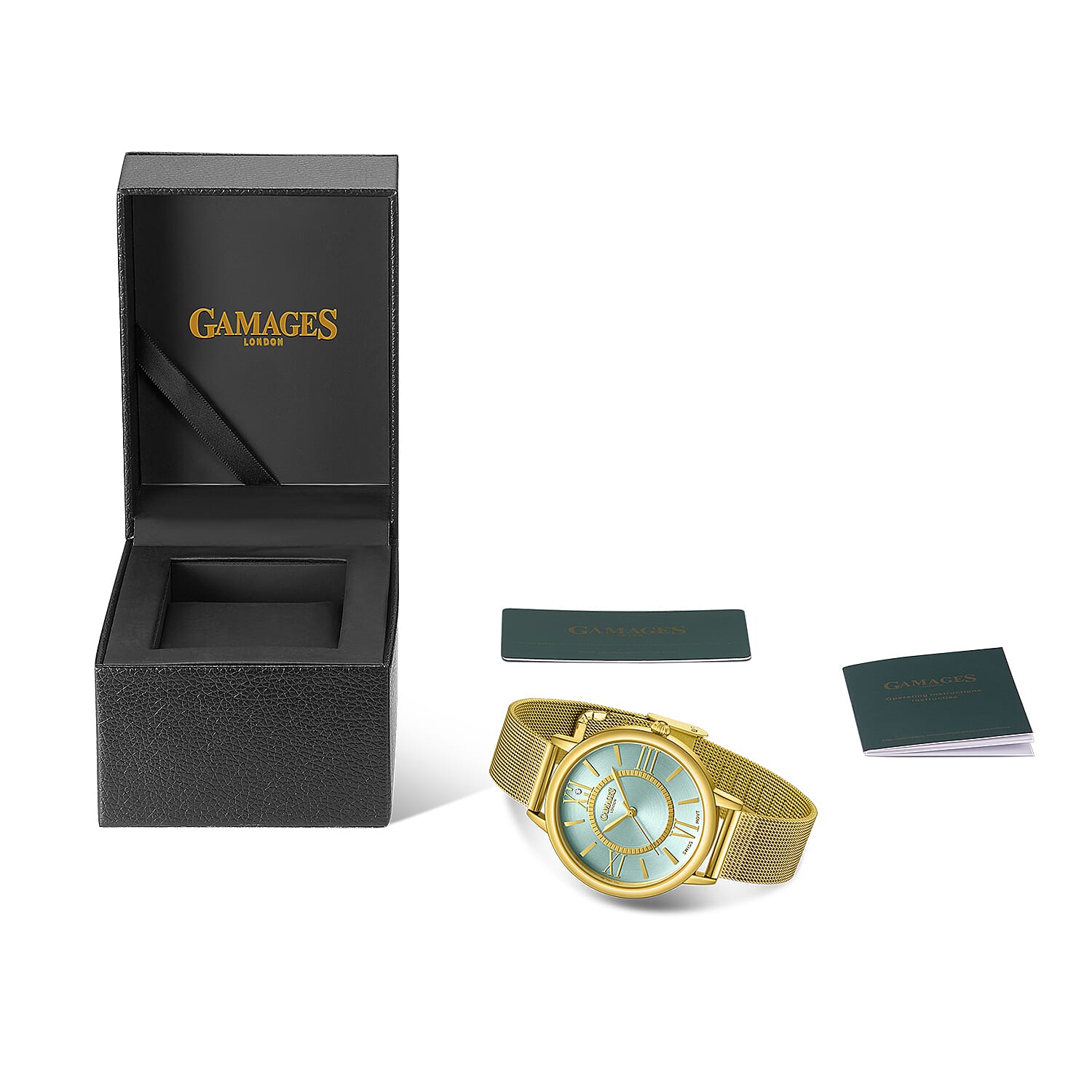 Gamages Of London Ladies Baroness Swiss Quartz Movement Teal Dial Diamond Stud Water Resistant Watch with Gold Mesh Bracelet 7548376 5