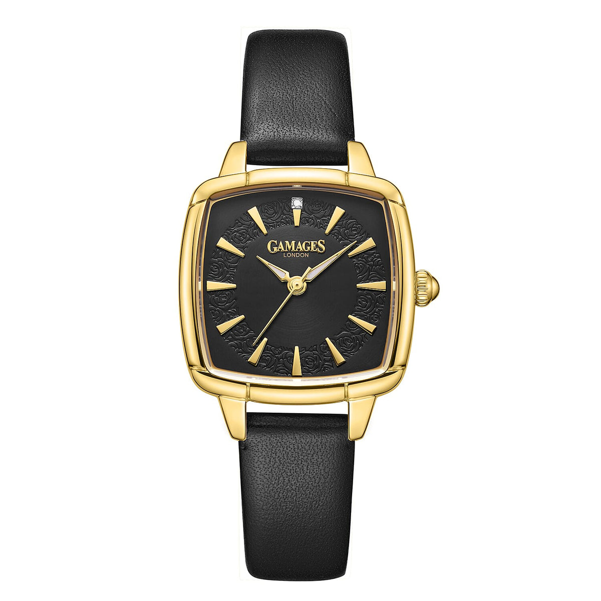Gamages Of London Limited Edition ELOQUENT Diamond Studded Swiss Movt. Gold Black Dial Water Resistant Watch with Black Leather Strap V32538984 0