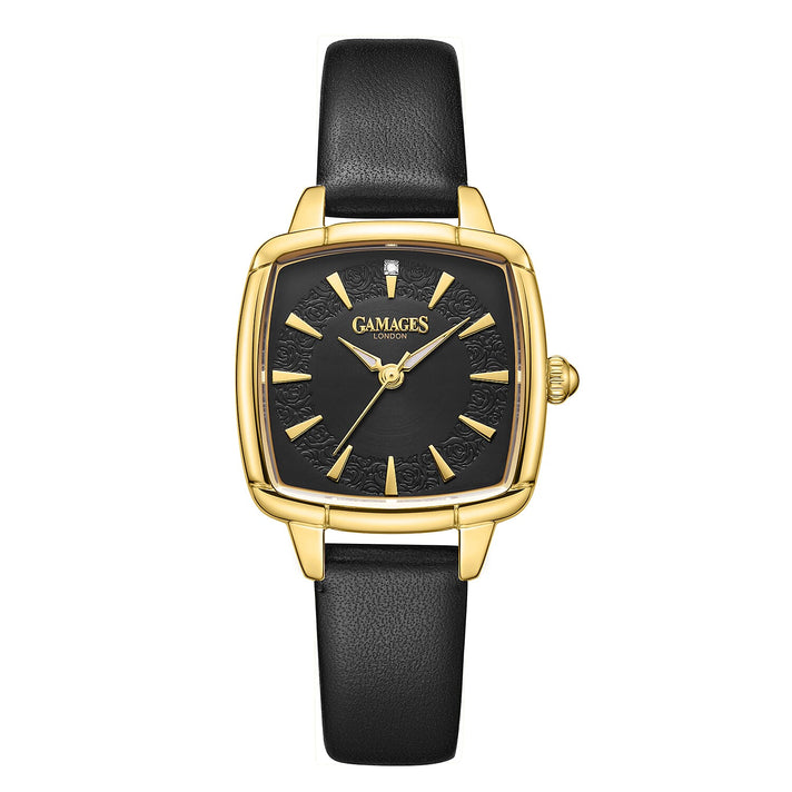 Gamages Of London Limited Edition ELOQUENT Diamond Studded Swiss Movt. Gold Black Dial Water Resistant Watch with Black Leather Strap 7640212 1