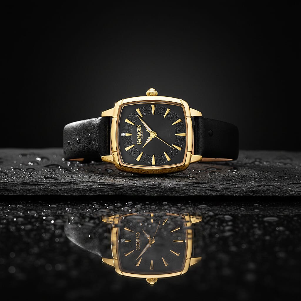 Gamages Of London Limited Edition ELOQUENT Diamond Studded Swiss Movt. Gold Black Dial Water Resistant Watch with Black Leather Strap V32538984 1