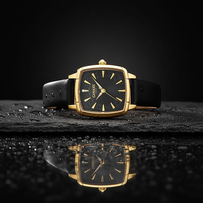 Gamages Of London Limited Edition ELOQUENT Diamond Studded Swiss Movt. Gold Black Dial Water Resistant Watch with Black Leather Strap 7640212 2