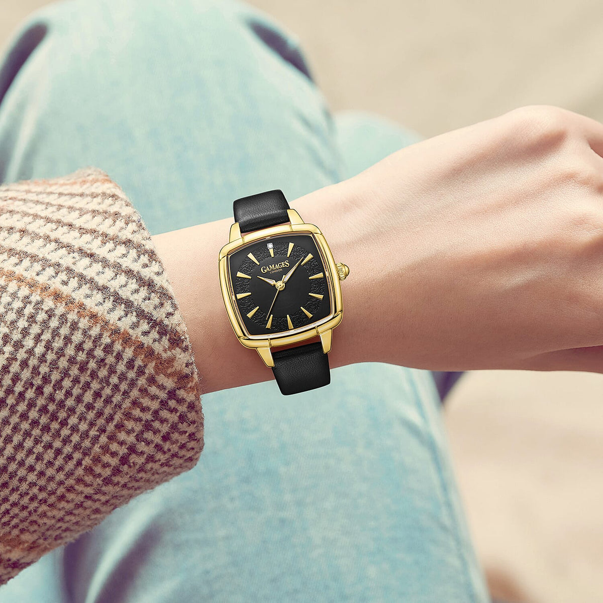 Gamages Of London Limited Edition ELOQUENT Diamond Studded Swiss Movt. Gold Black Dial Water Resistant Watch with Black Leather Strap V32538984 2
