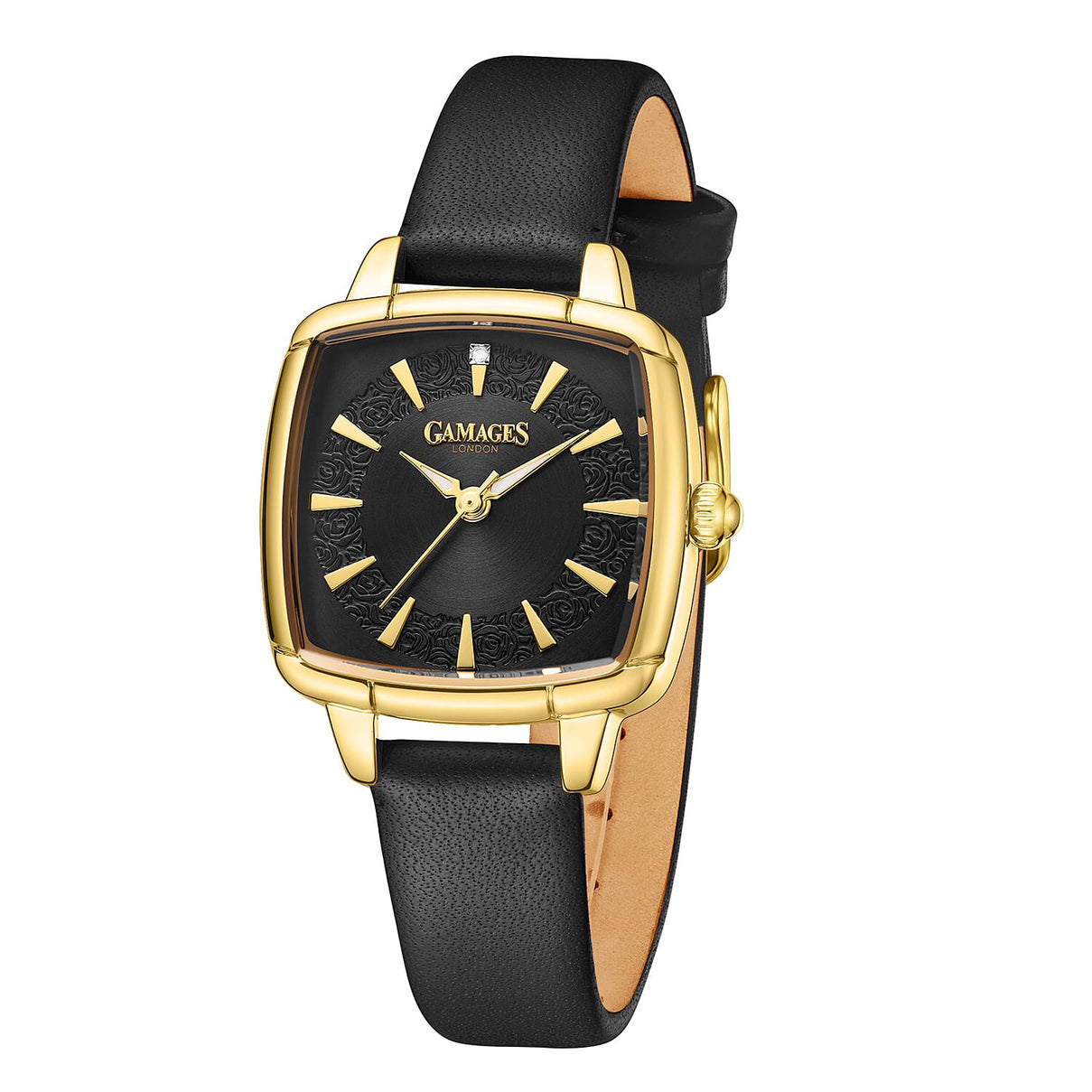 Gamages Of London Limited Edition ELOQUENT Diamond Studded Swiss Movt. Gold Black Dial Water Resistant Watch with Black Leather Strap V32538984 3