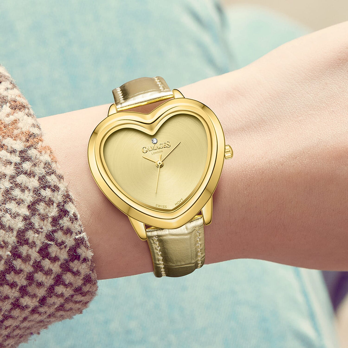 Gamages Of London Limited Edition Sweet Heart Ladies Swiss Movement Diamond Watch With Leather Strap - Gold 7984357 1