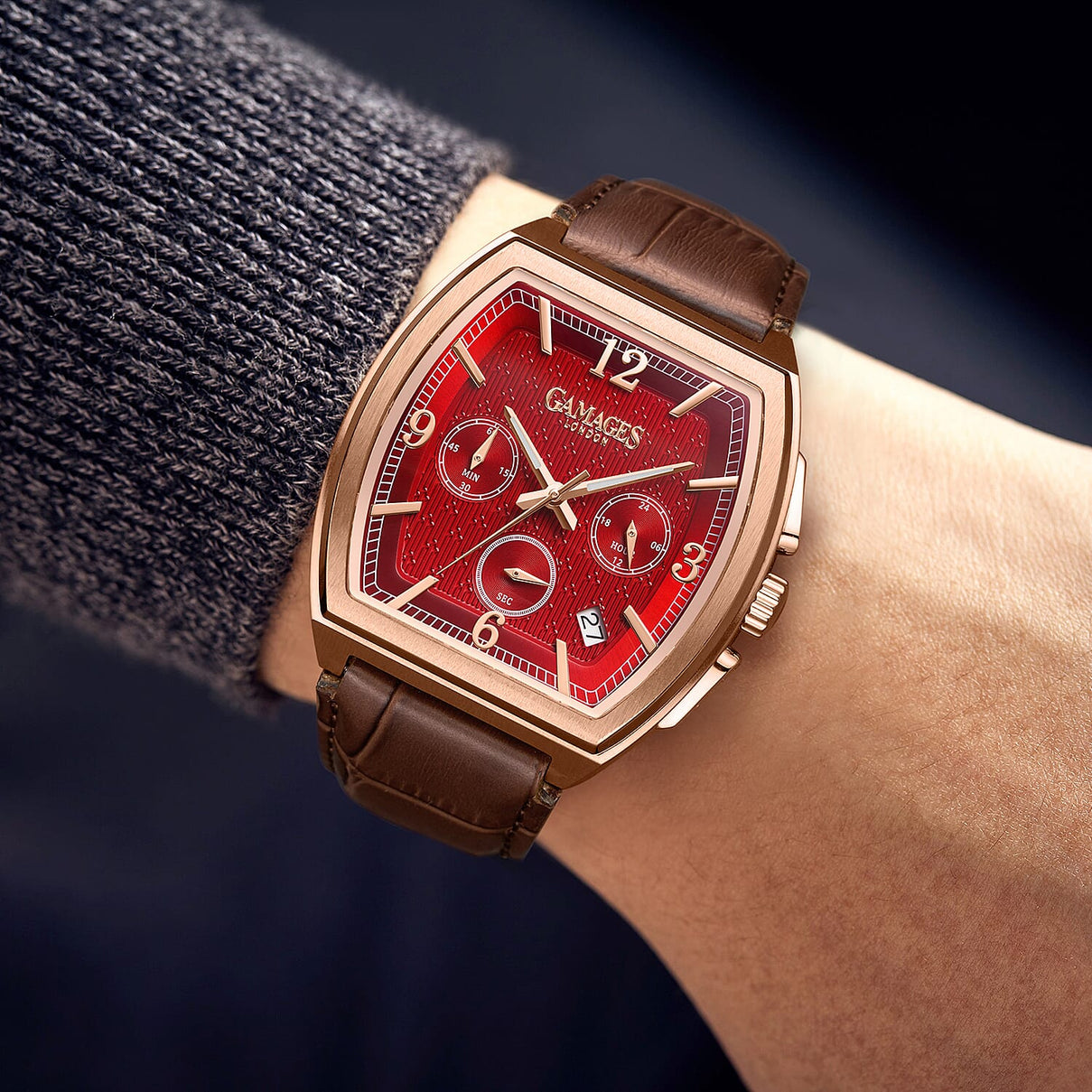 GAMAGES OF LONDON Lancaster Limited Edition Hand Assembled Mechanical Quartz Mens Watch in Stainless Steel - Rose Red 8580805 1