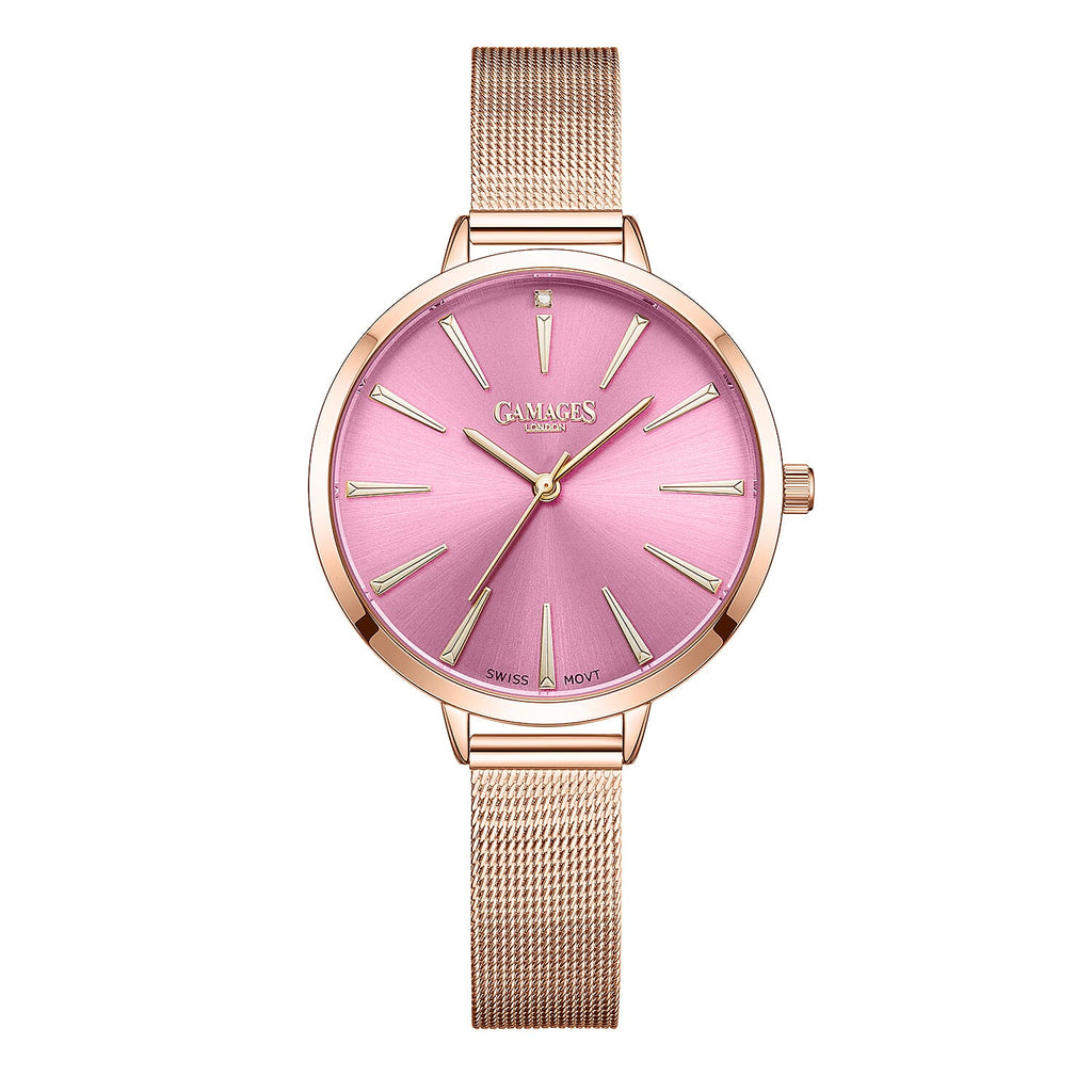 Gamages Of London Spectacle Swiss Quartz Ladies Diamond Set Watch in Rose Medium Pink