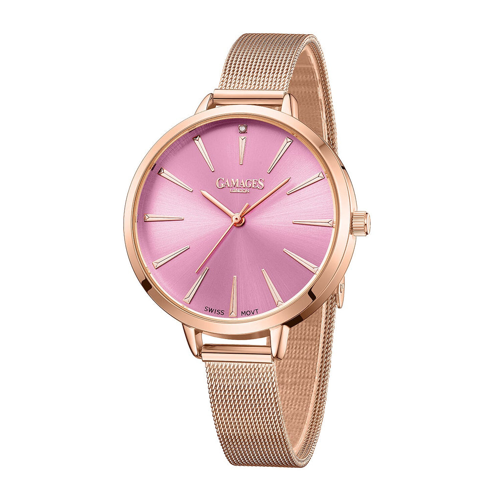 Gamages Of London Spectacle Swiss Quartz Ladies Diamond Set Watch in Rose Medium Pink
