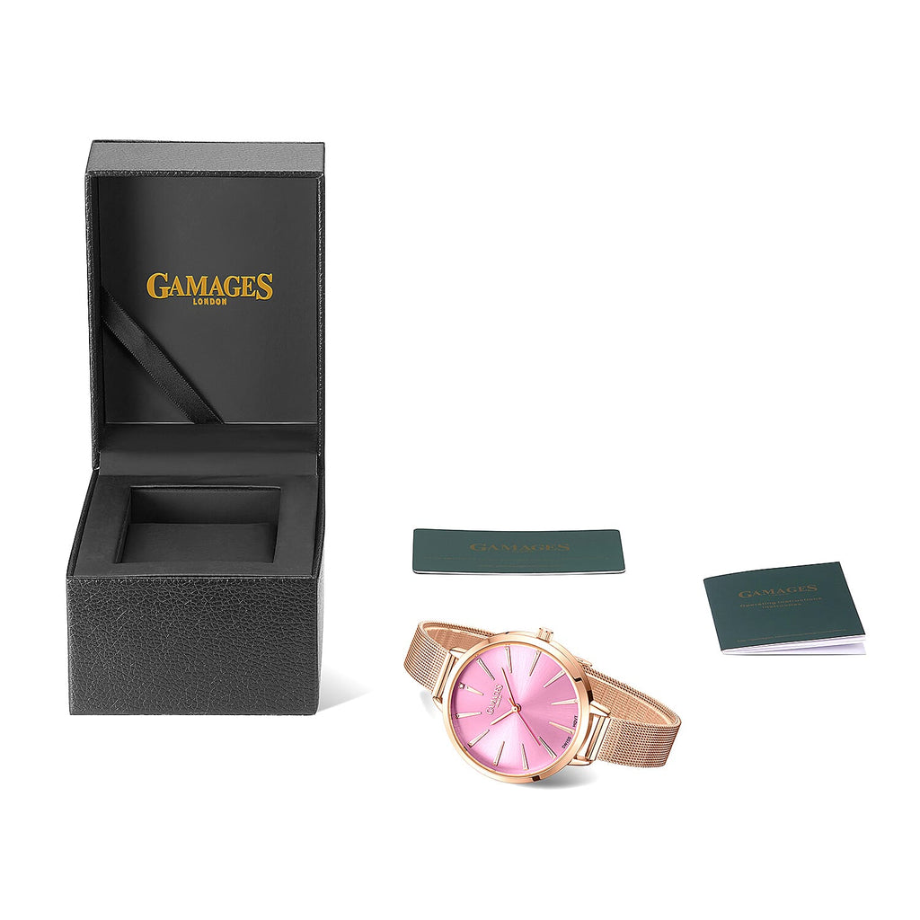 Gamages Of London Spectacle Swiss Quartz Ladies Diamond Set Watch in Rose Medium Pink