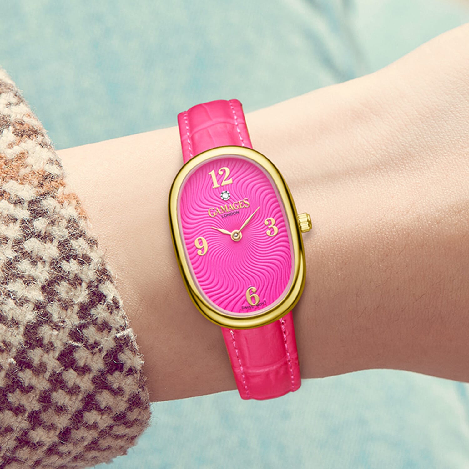 GAMAGES OF LONDON Dreamy Diamond Swiss Quartz 3ATM WR Wild Berry Pink Dial &amp; Gold Case Ladies Watch with Rose Pink Leather Strap 8433938 1