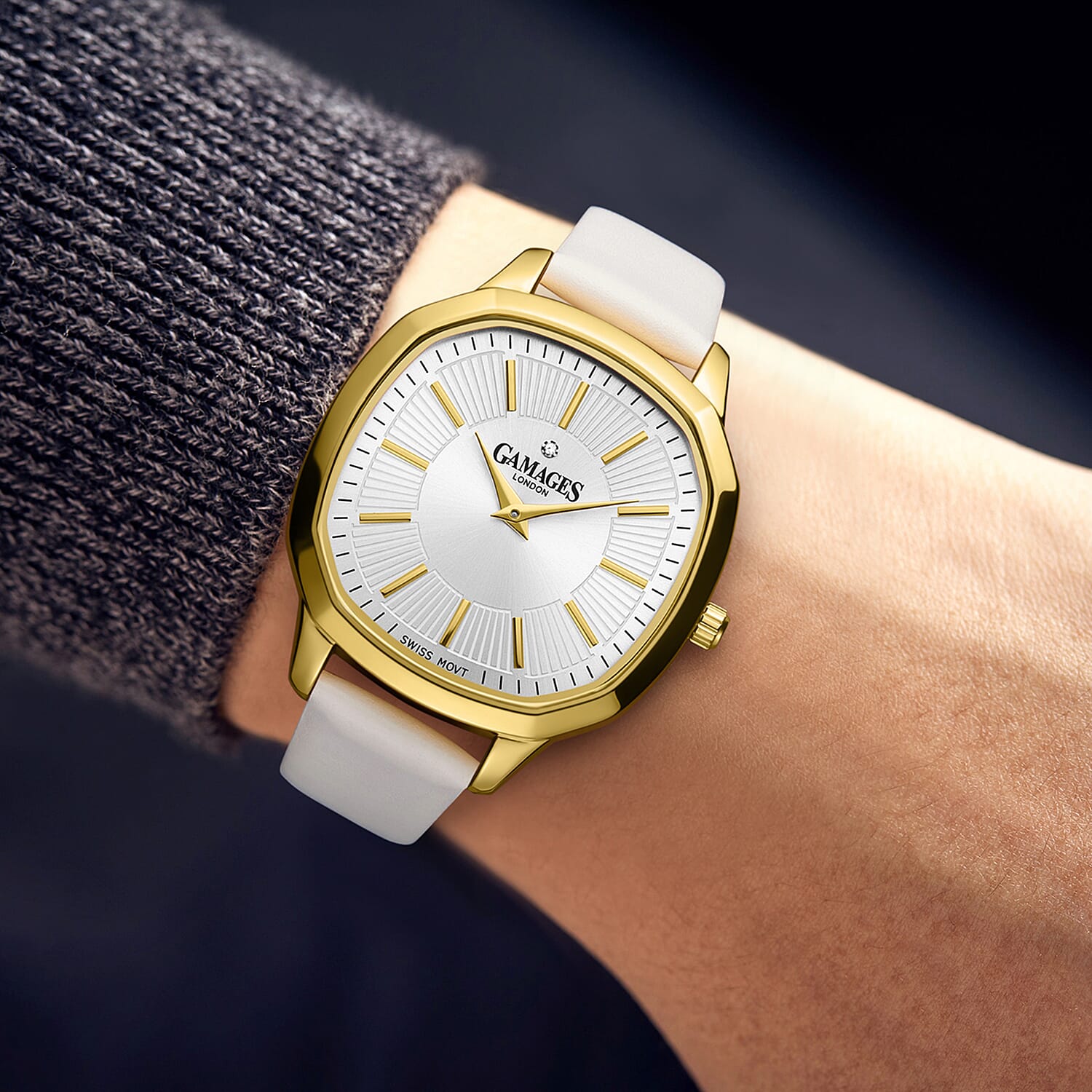 GAMAGES OF LONDON Enchanted Quartz Movement 3ATM Water Resistant Ladies Watch in Gold with White Leather Strap 8352929 1