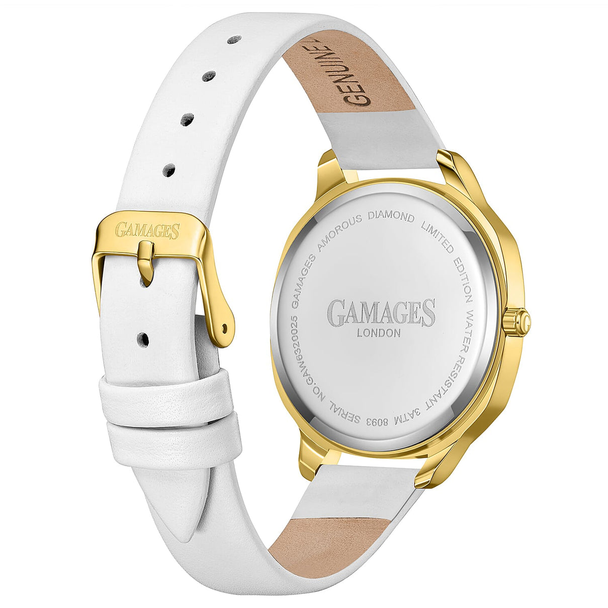 GAMAGES OF LONDON Enchanted Quartz Movement 3ATM Water Resistant Ladies Watch in Gold with White Leather Strap 8352929 3